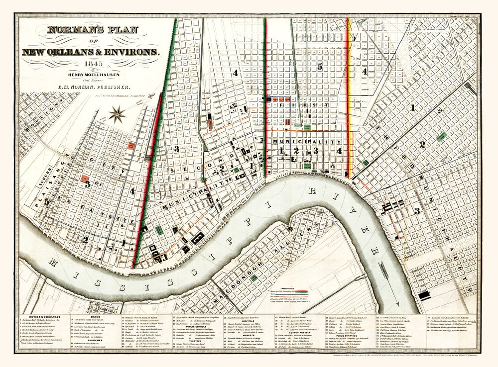 Vintage Map of New Orleans, Louisiana 1845 print style example