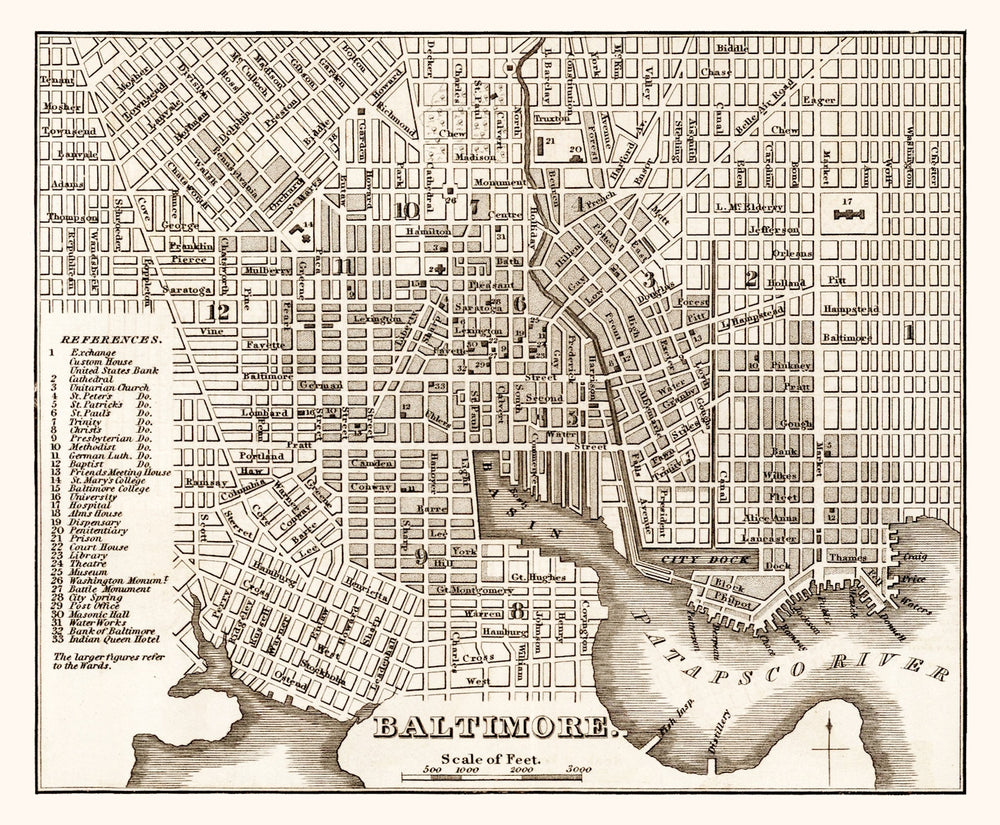 Vintage Map of Baltimore, Maryland 1846 print style example