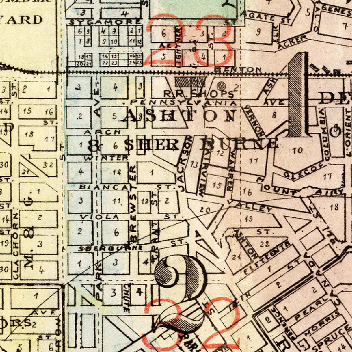 Restored historic details from the 1884 city map of St. Paul, Minnesota