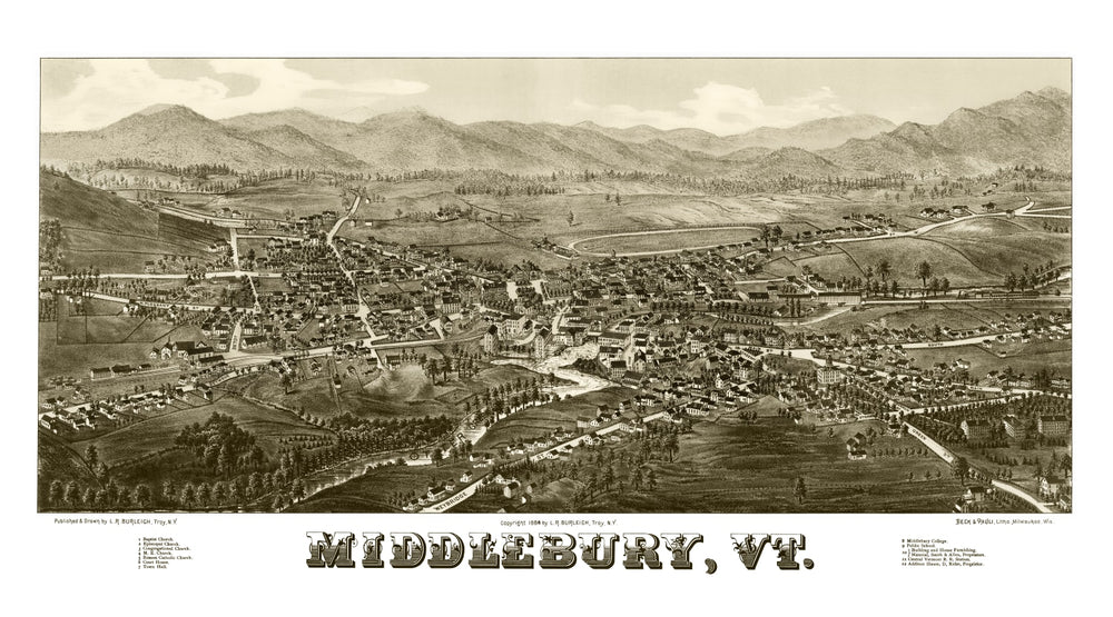Vintage Map of Middlebury, Vermont 1886 print style example