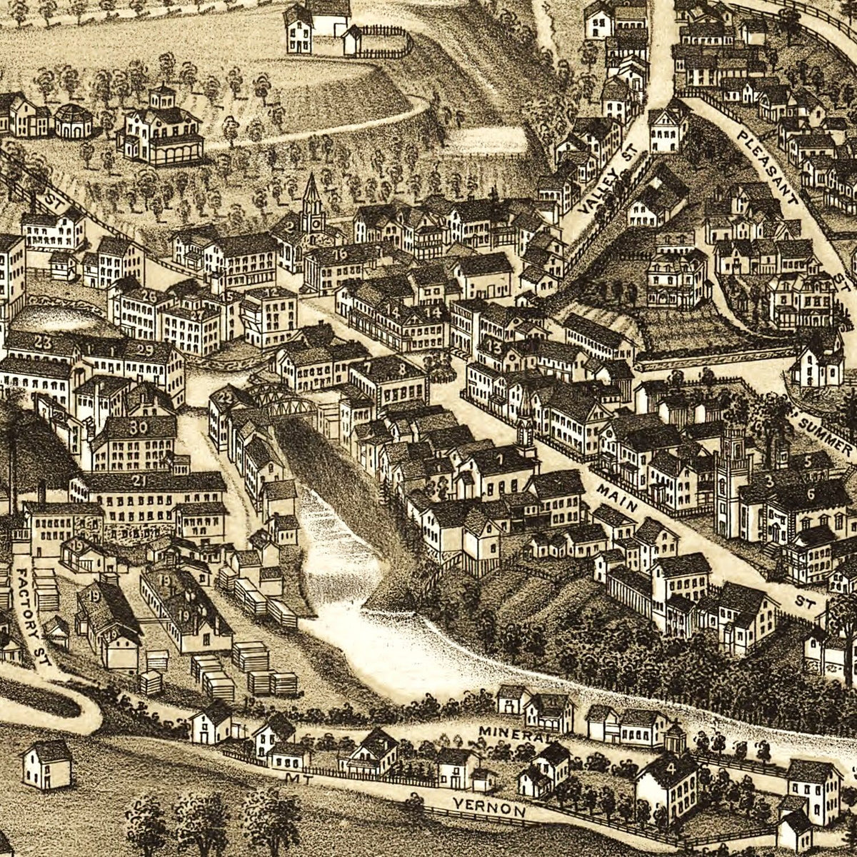 Restored historic details from the 1886 city map of Springfield, Vermont