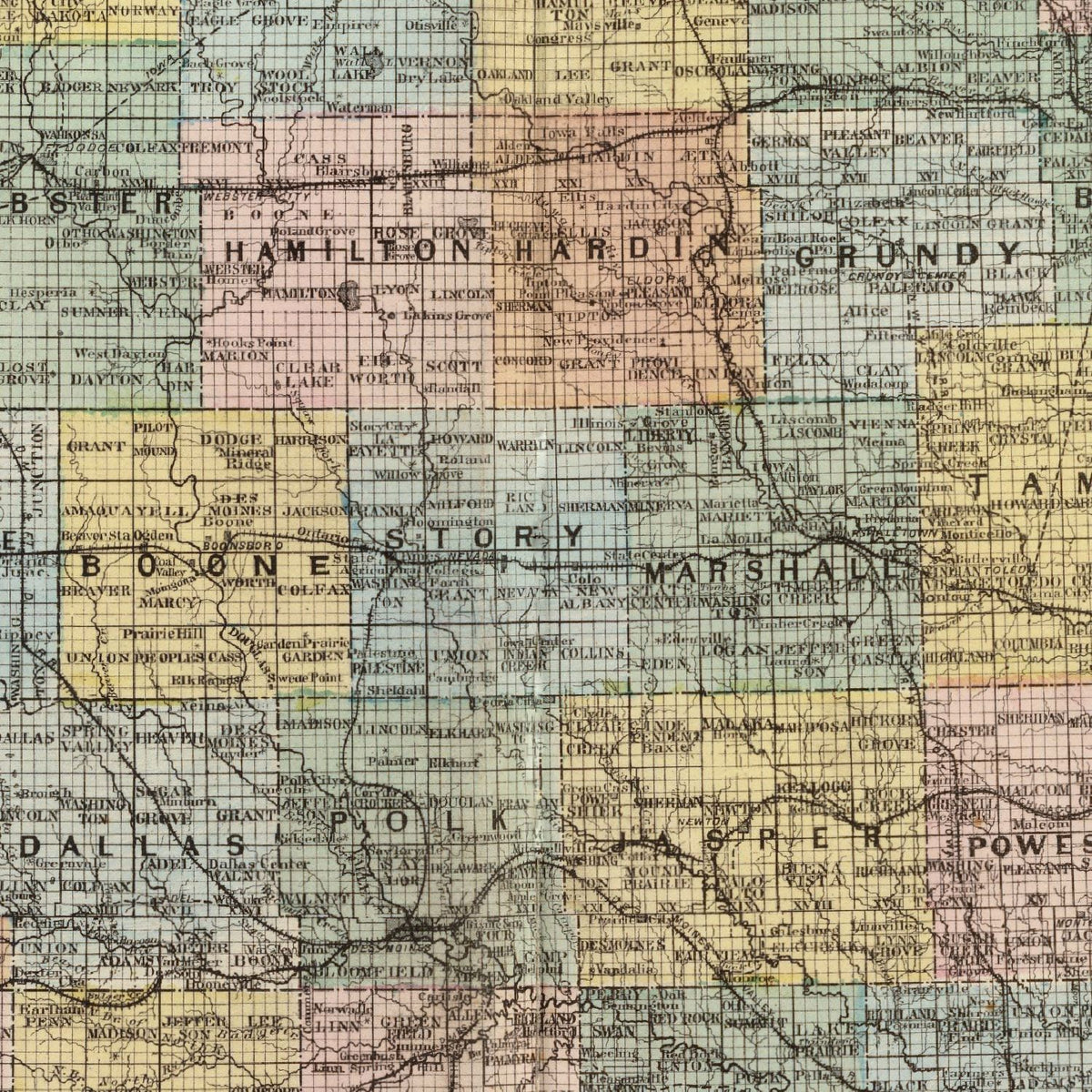 Restored historic details from the 1875 state map of Iowa, Iowa
