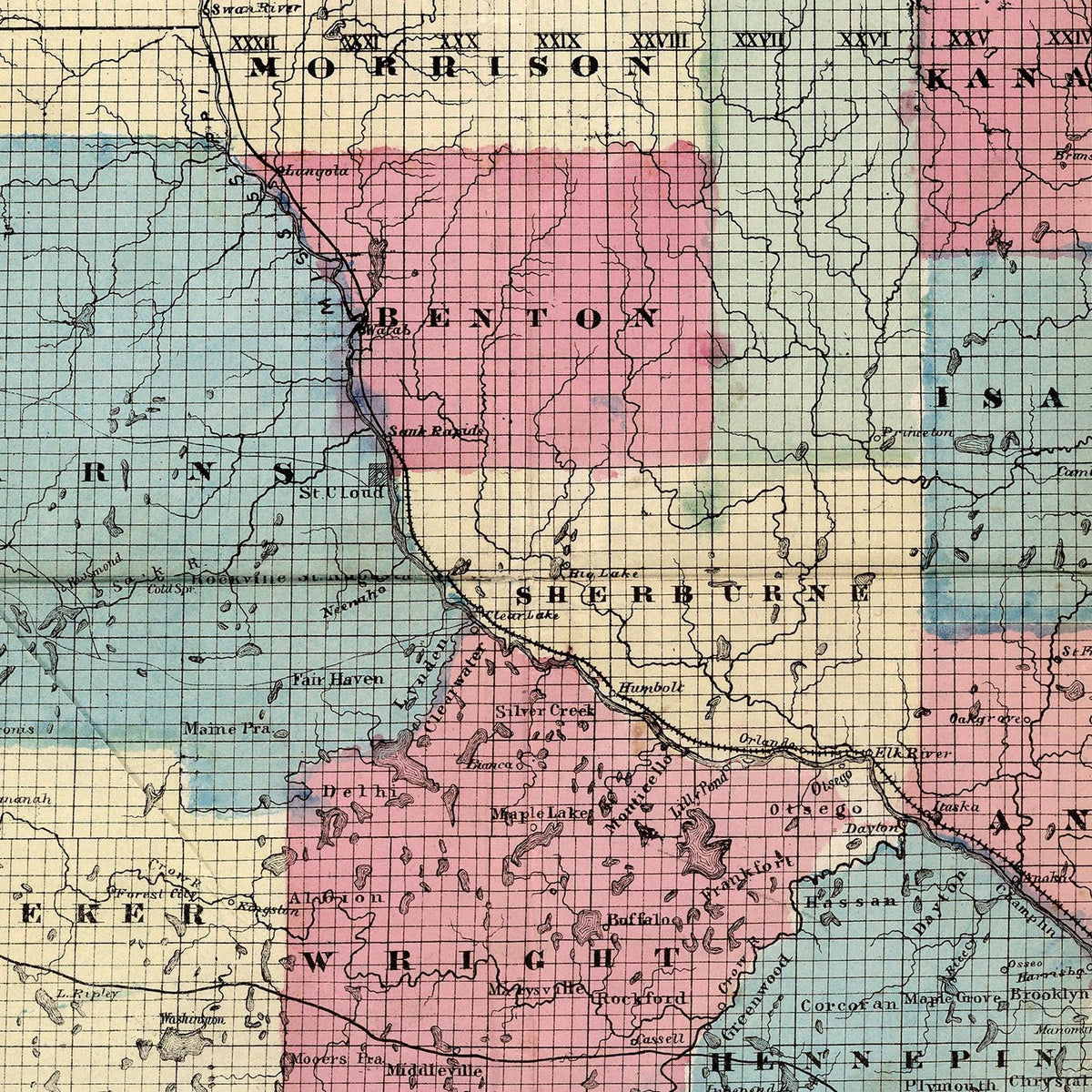 Restored historic details from the 1868 state map of Minnesota, Minnesota