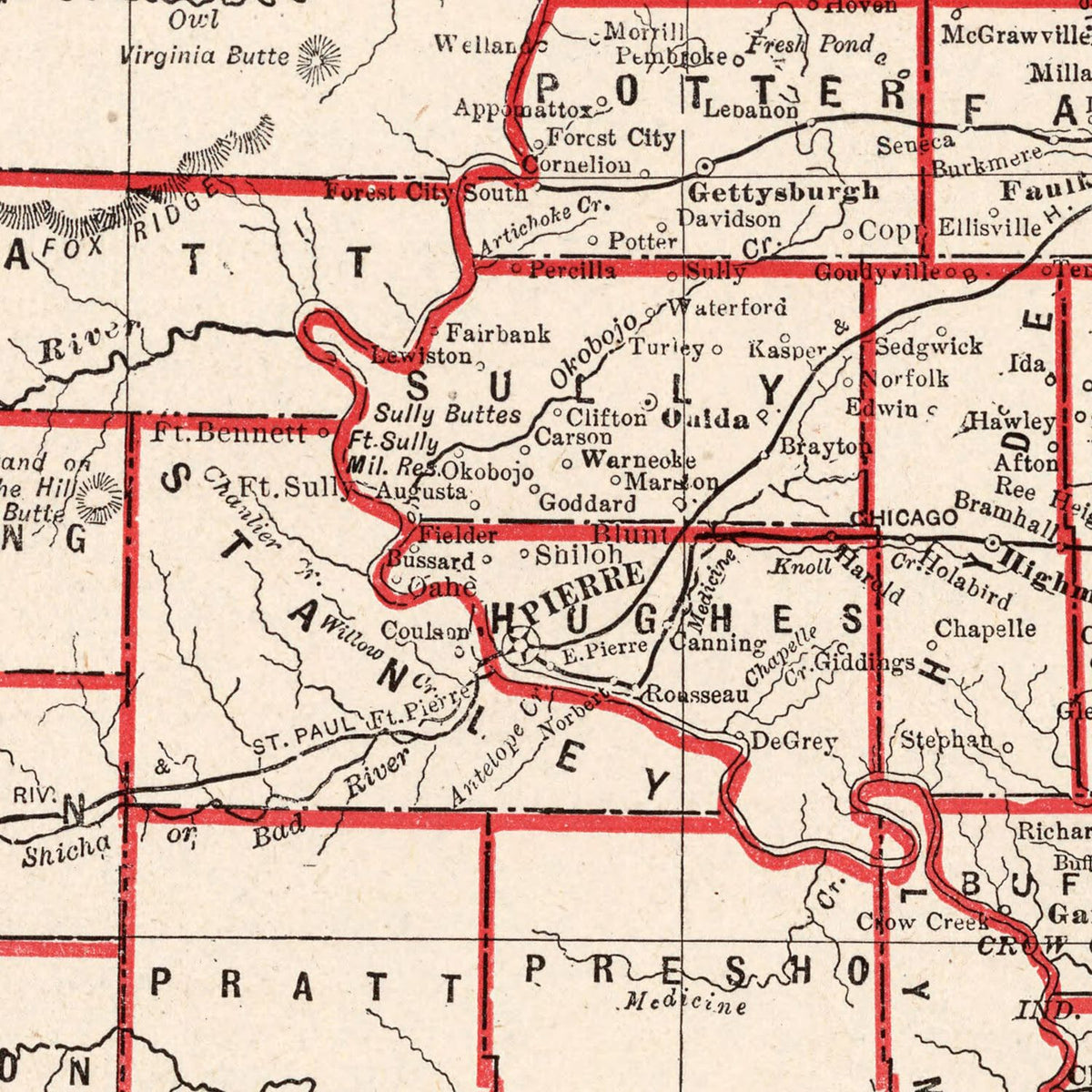 Restored historic details from the 1893 state map of South Dakota, South Dakota