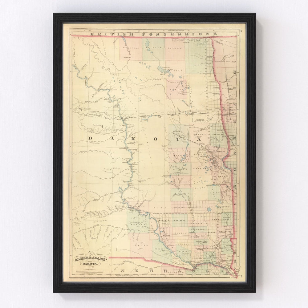 South Dakota, North Dakota Vintage Map 1875