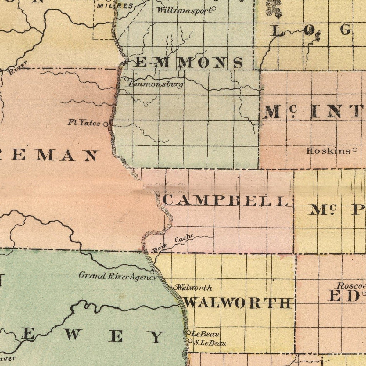 Restored historic details from the 1885 state map of County, Dakota Territory