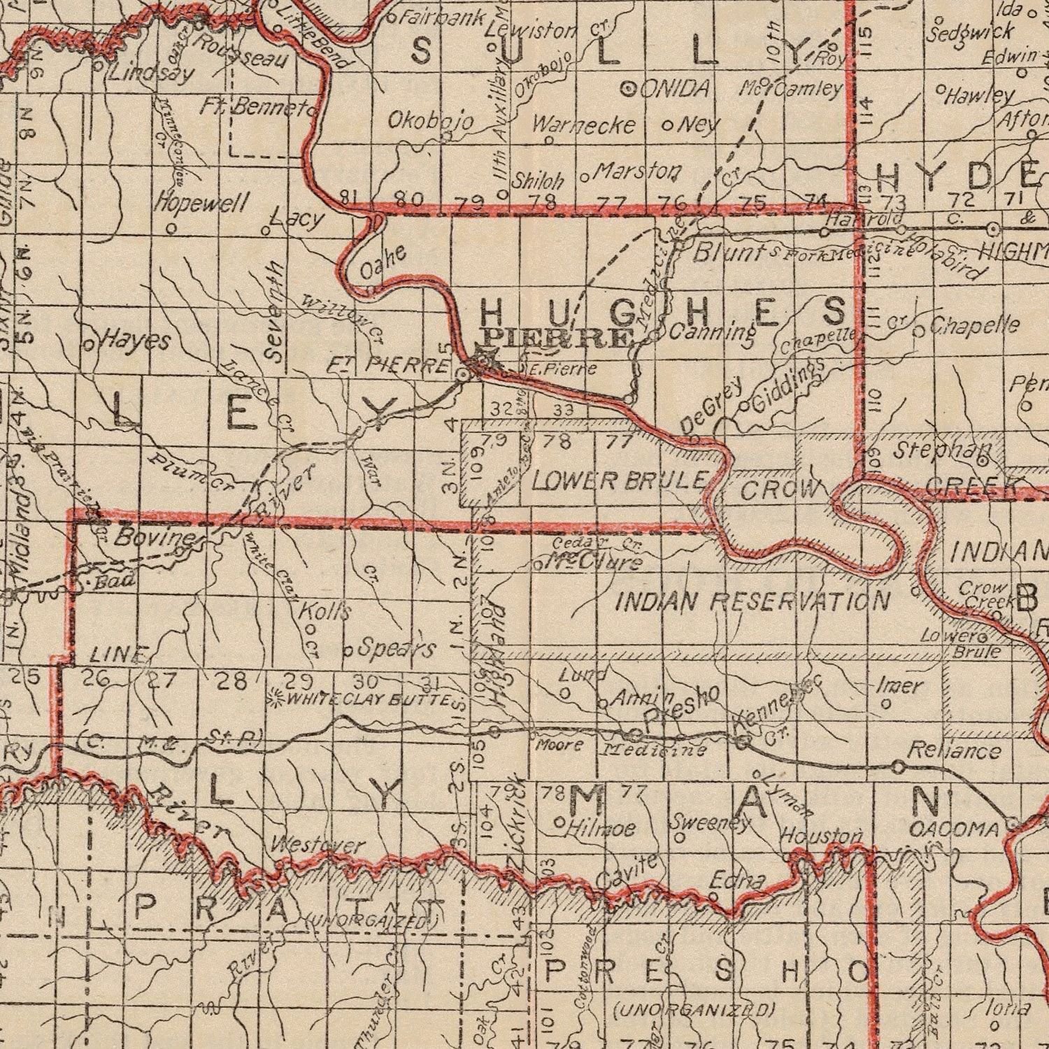 Restored historic details from the 1906 state map of South Dakota, South Dakota