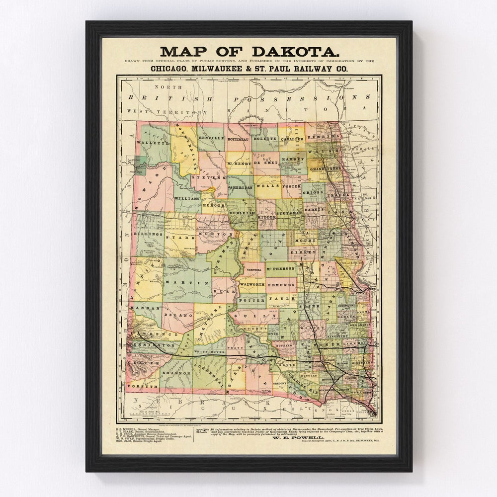 South Dakota, North Dakota Vintage Map 1882