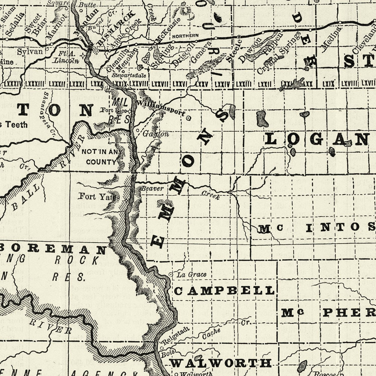 Restored historic details from the 1888 state map of County, Dakota Territory