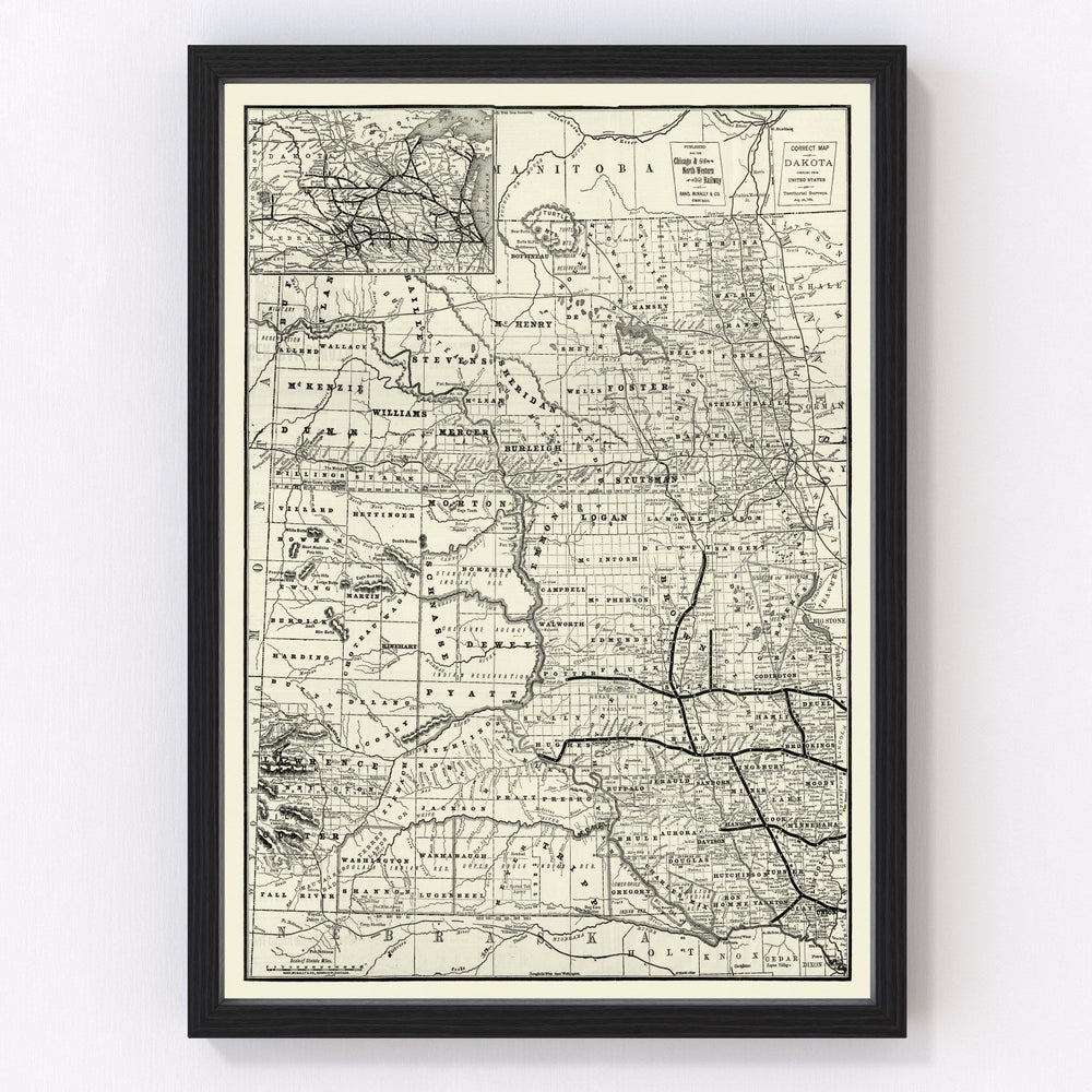 South Dakota, North Dakota Vintage Map 1888