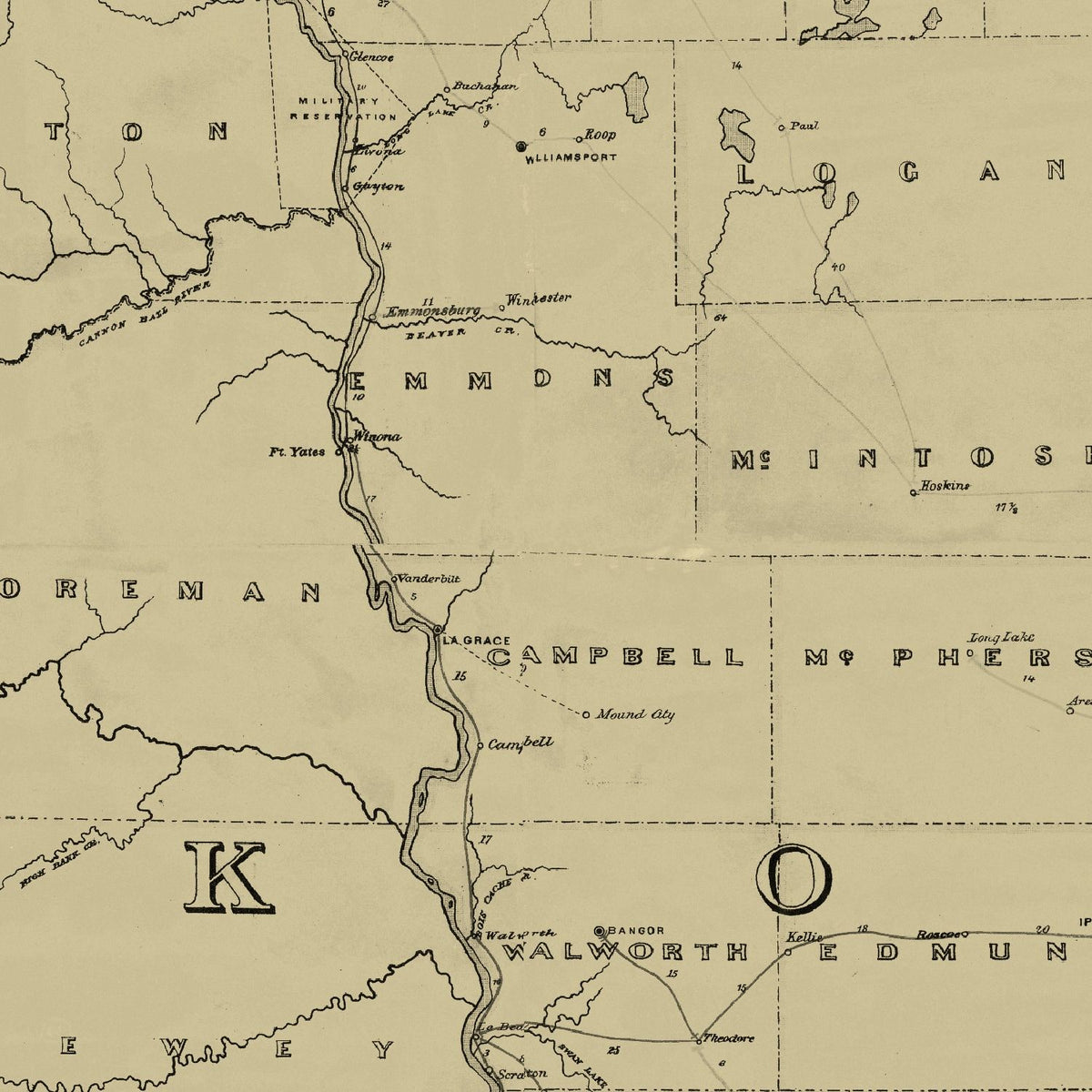 Restored historic details from the 1885 state map of County, Dakota Territory