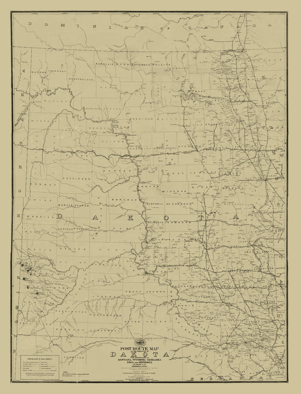 Vintage Post Route Map of Dakota Territory 1885 print style example