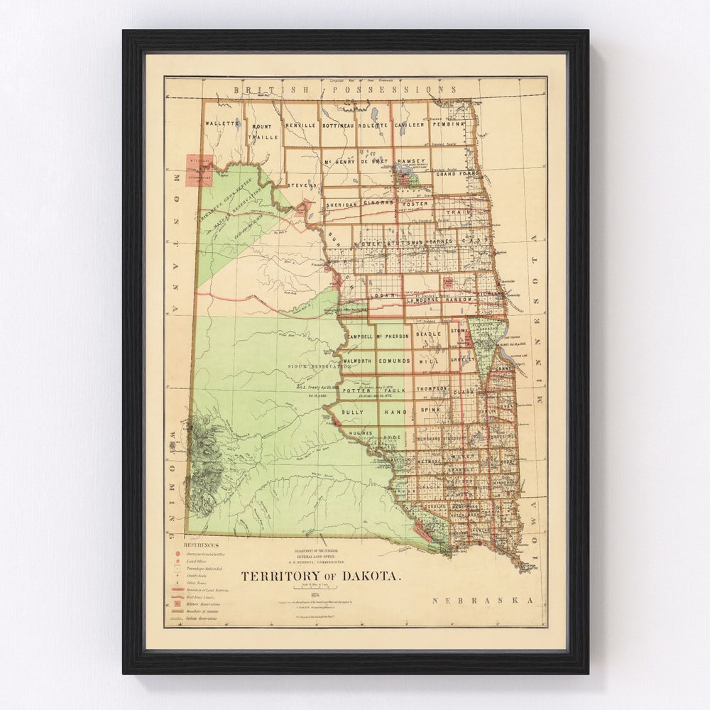 South Dakota, North Dakota Vintage Map 1876