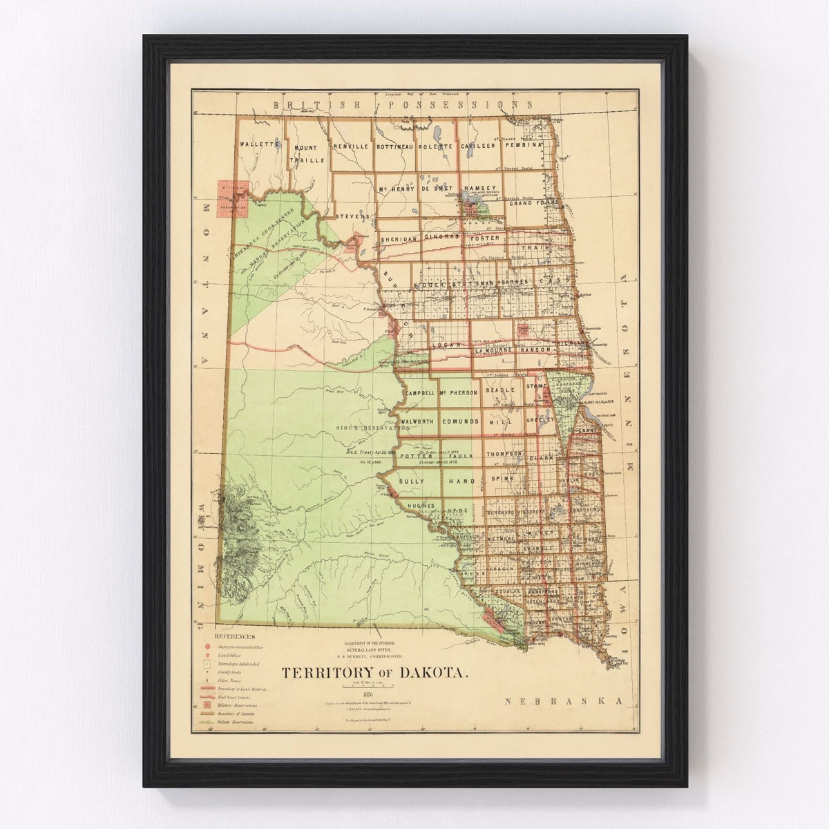 South Dakota, North Dakota Vintage Map 1876