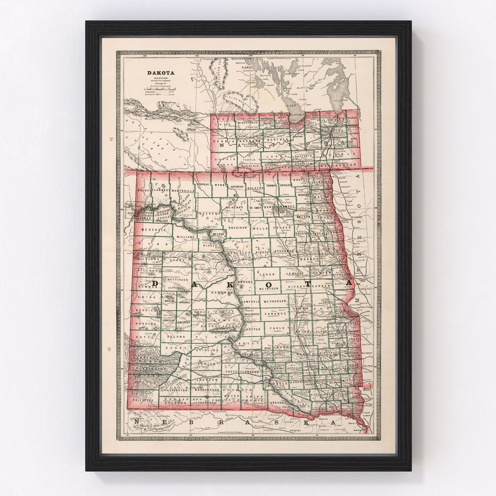 South Dakota, North Dakota Vintage Map 1883