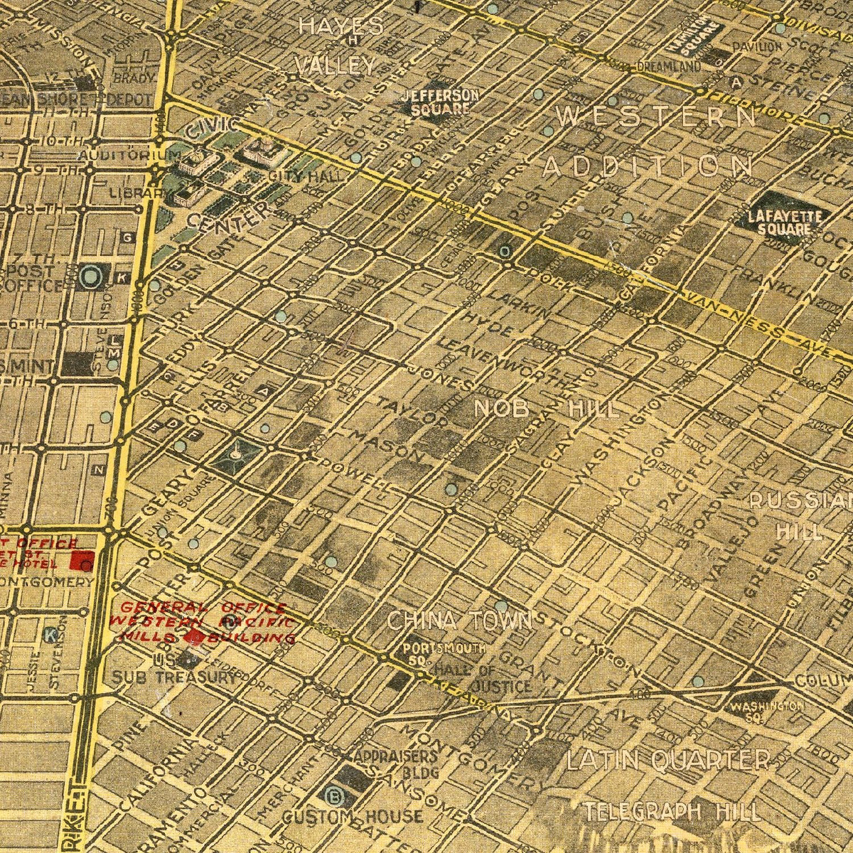 Restored historic details from the 1914 city map of San Francisco, California