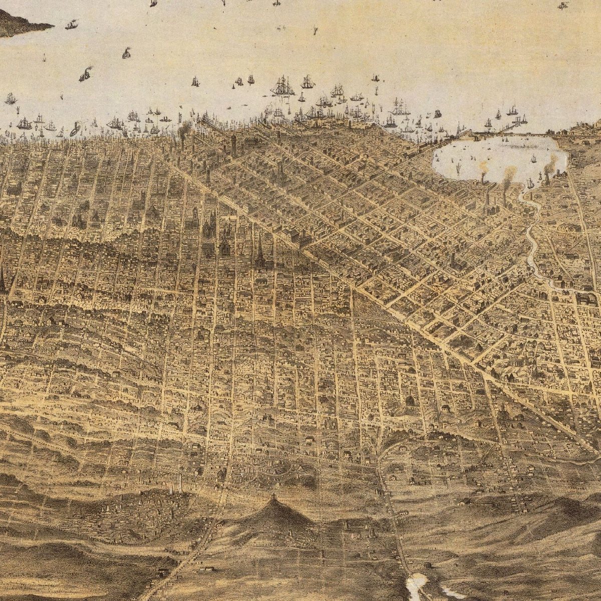 Restored historic details from the 1868 city map of San Francisco, California