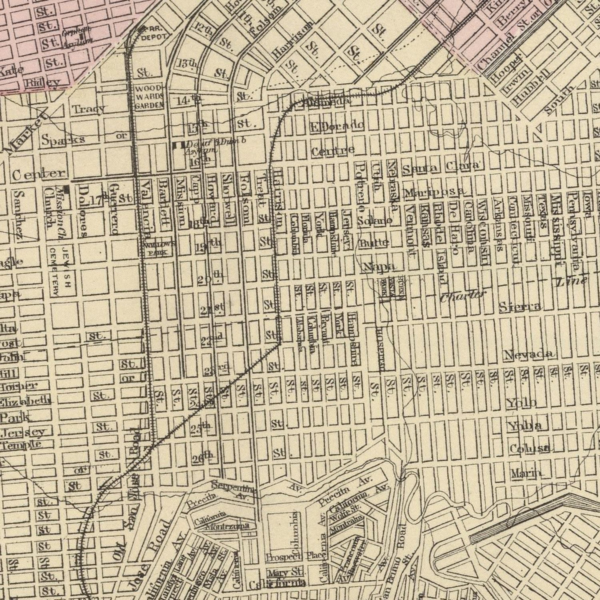 Restored historic details from the 1874 city map of San Francisco, California