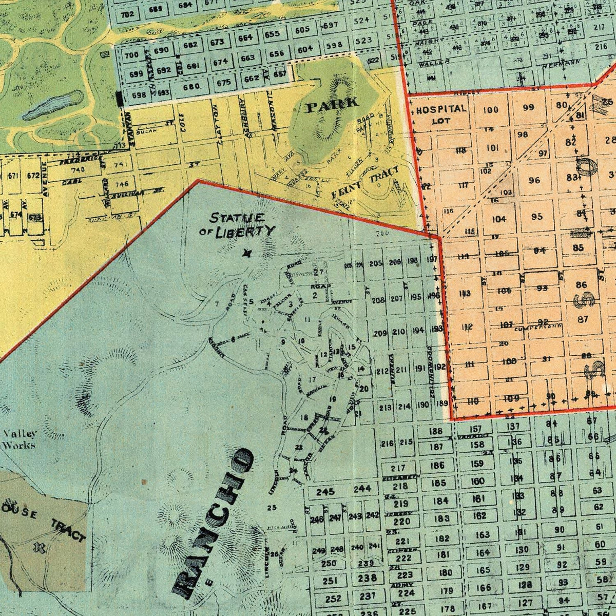 Restored historic details from the 1890 city map of San Francisco, California