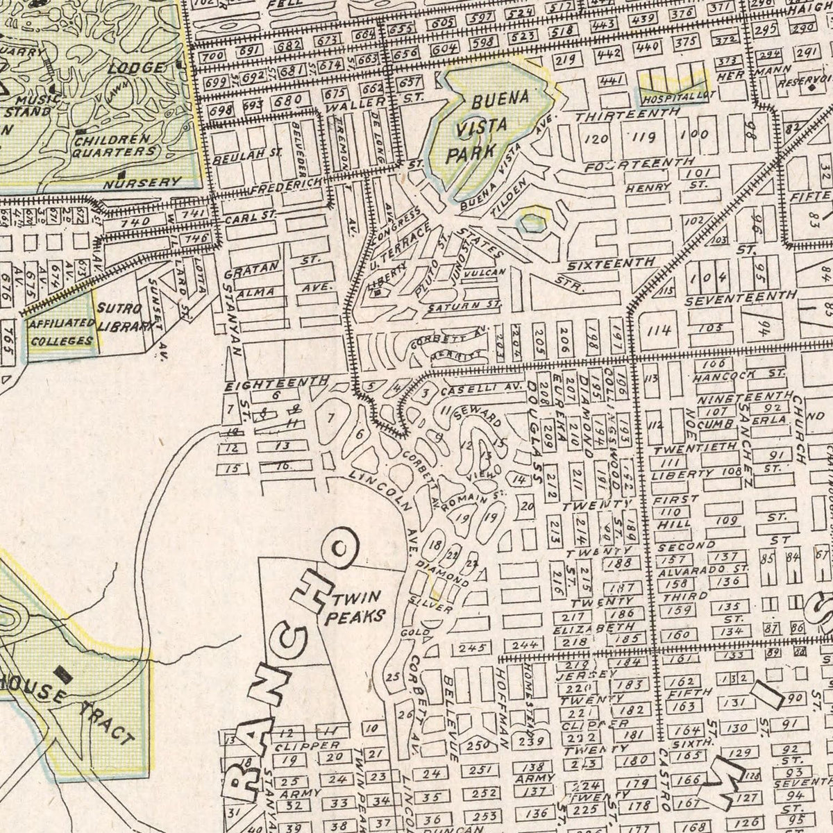 Restored historic details from the 1901 city map of San Francisco, California