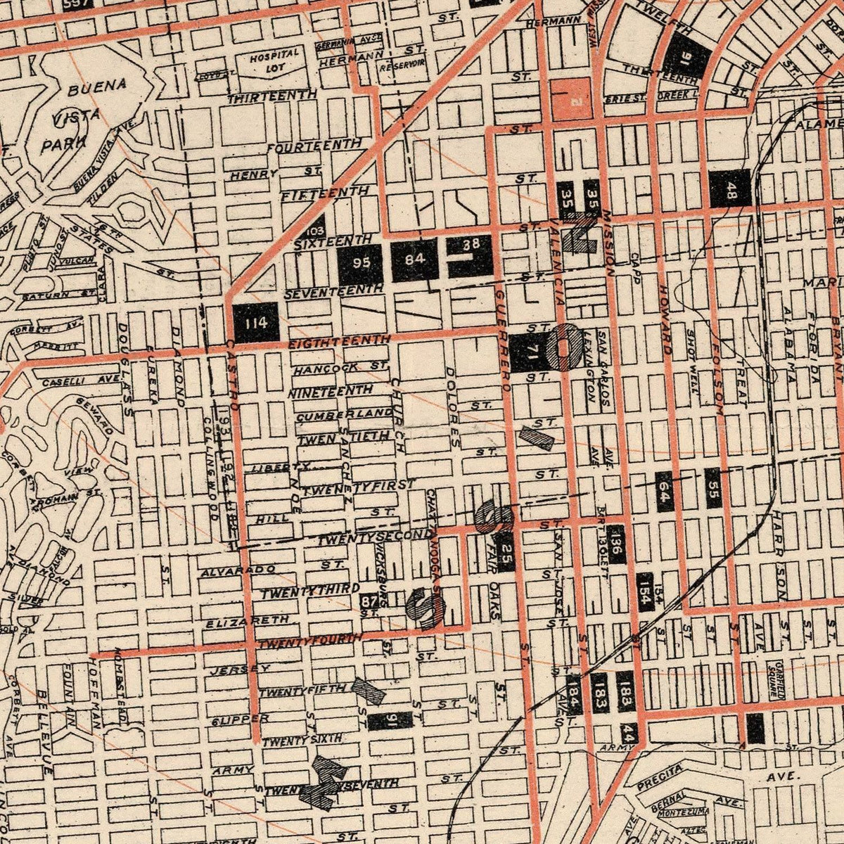 Restored historic details from the 1897 city map of San Francisco, California