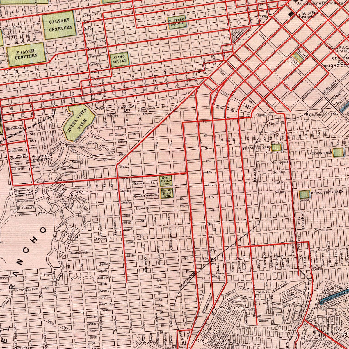 Restored historic details from the 1897 city map of San Francisco, California