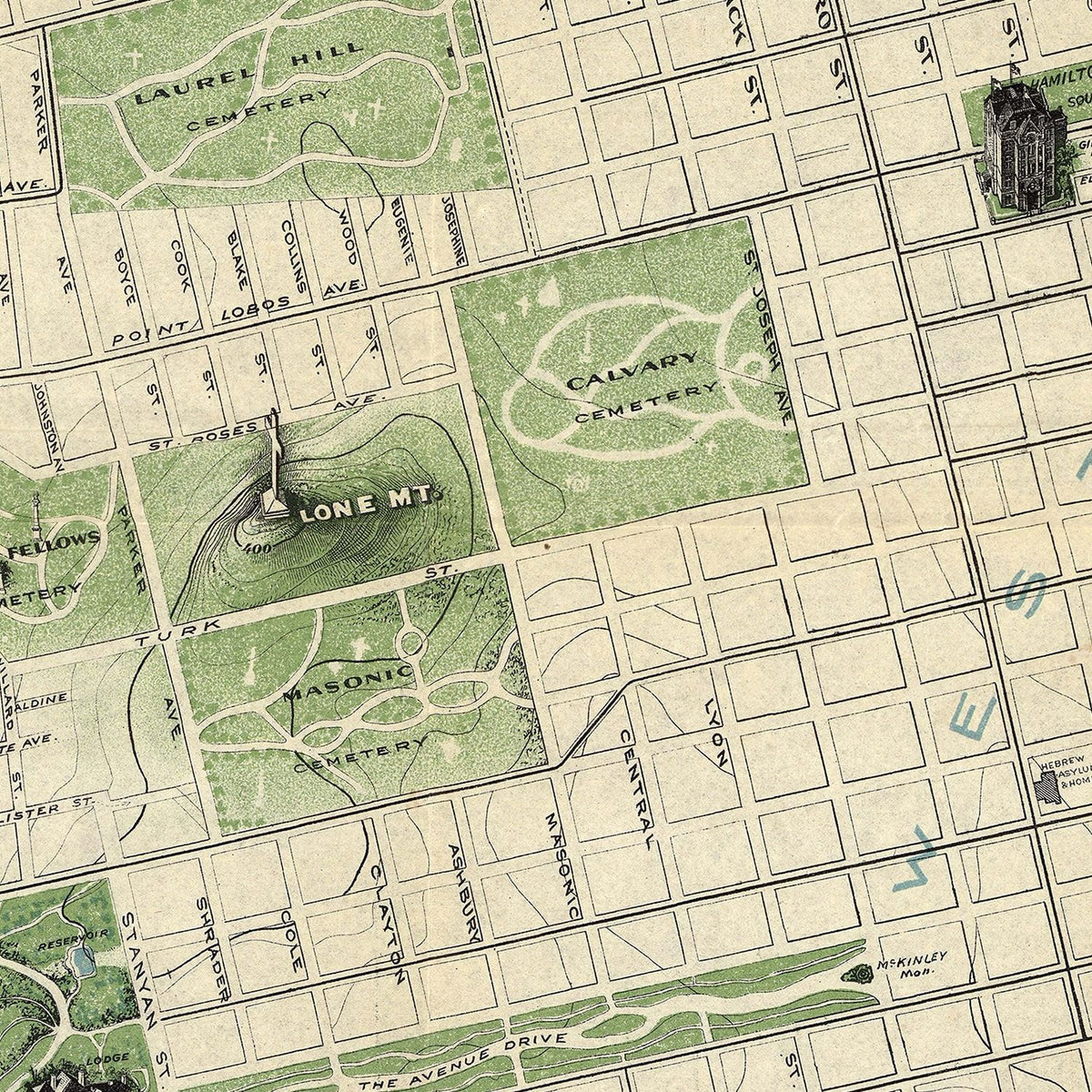 Restored historic details from the 1904 city map of San Francisco, California