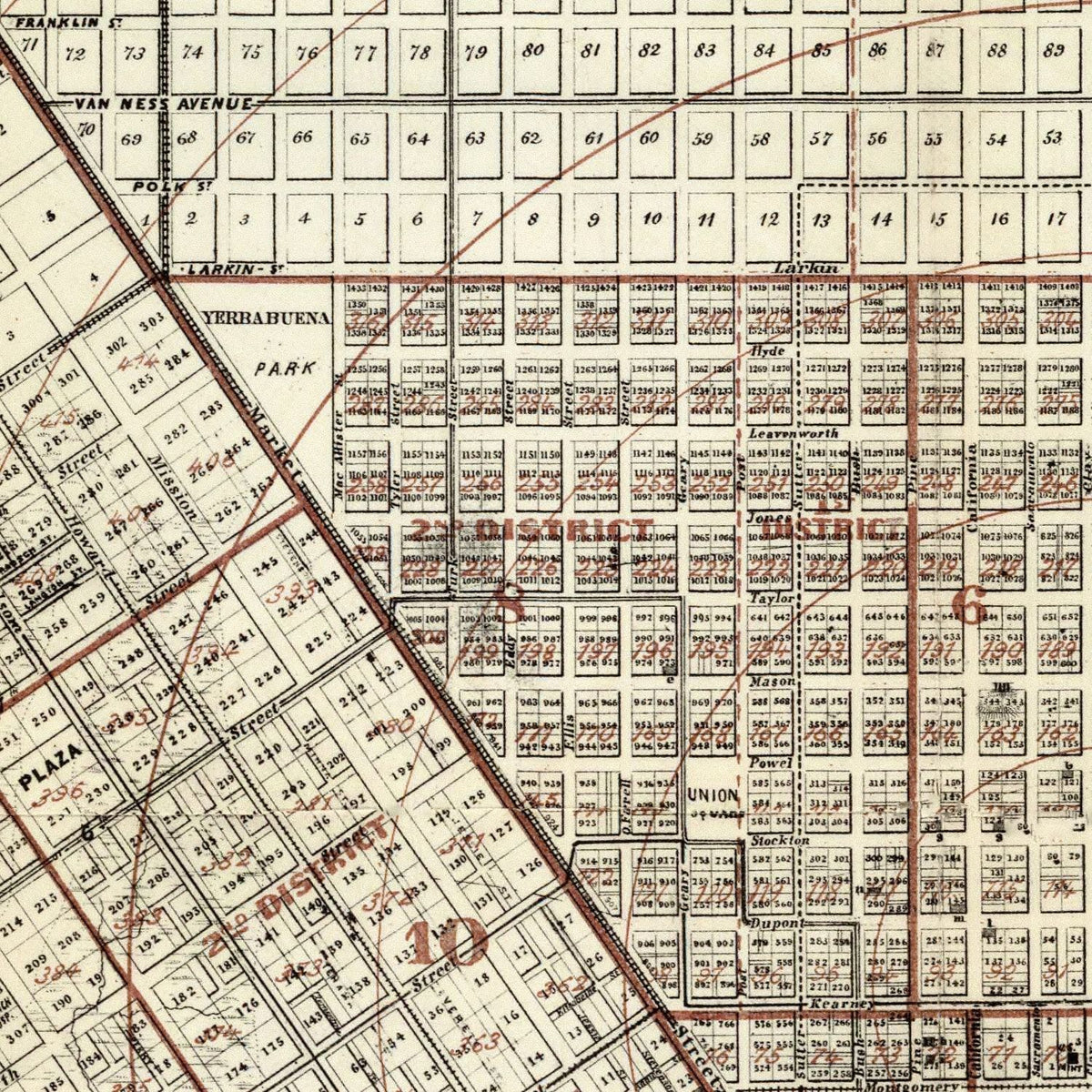 Restored historic details from the 1866 city map of San Francisco, California