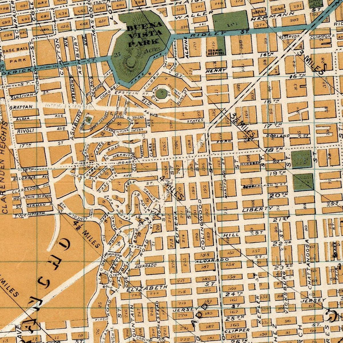 Restored historic details from the 1894 city map of San Francisco, California