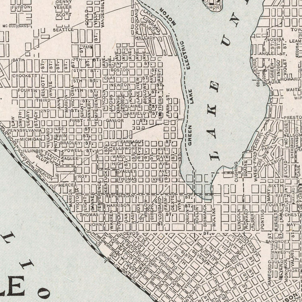 Restored historic details from the 1901 city map of Seattle, Washington
