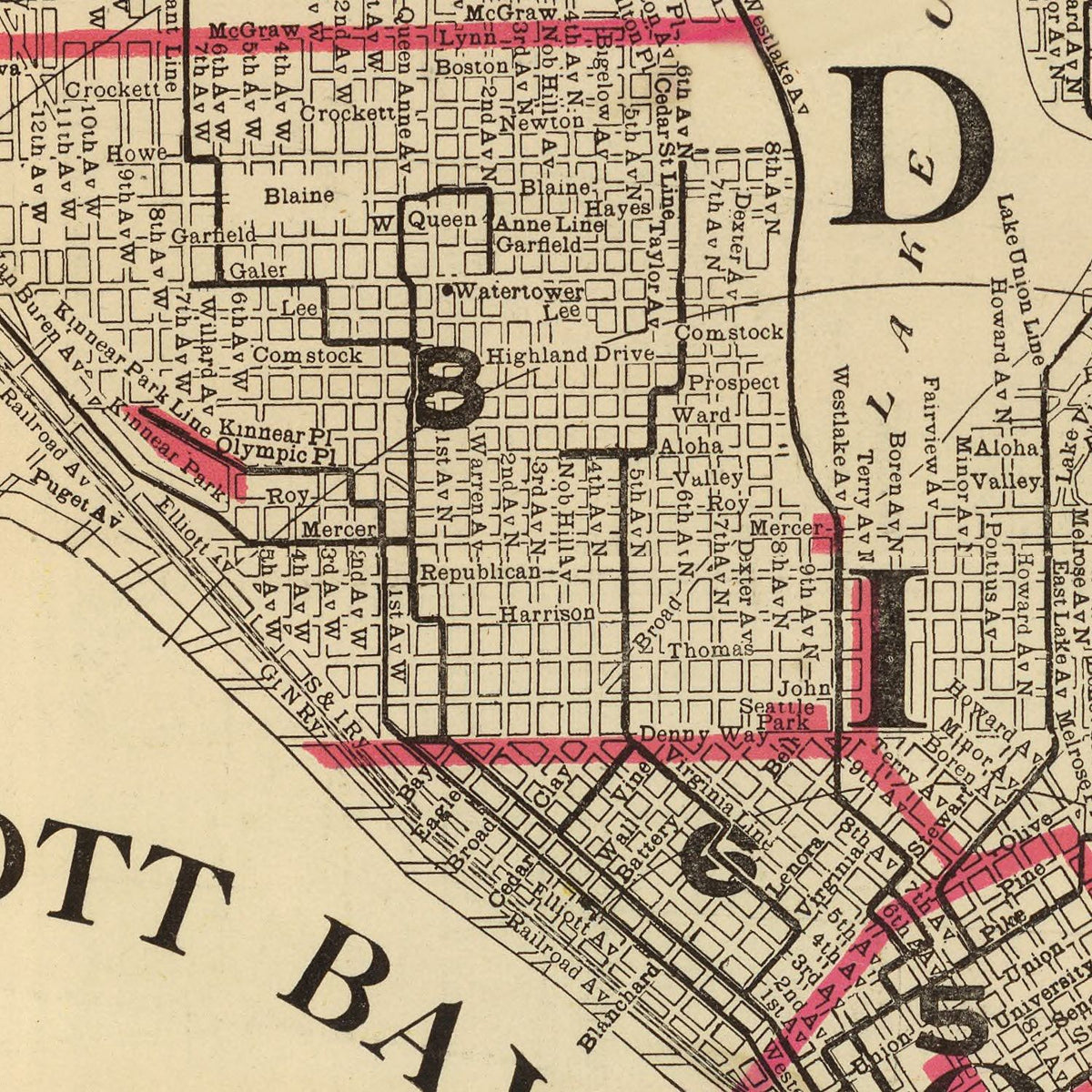 Restored historic details from the 1909 city map of Seattle, Washington
