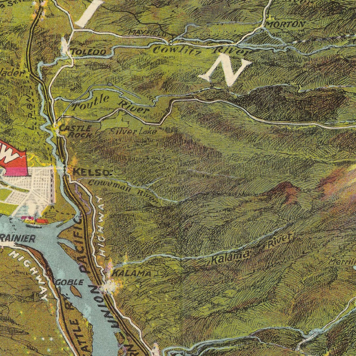 Restored historic details from the 1923 city map of Seattle, Washington