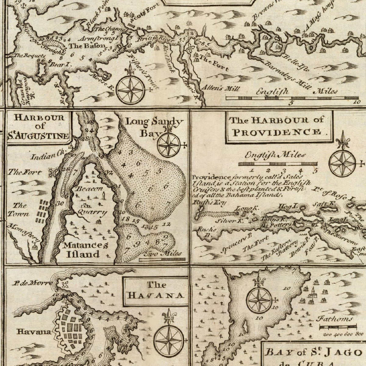 Restored historic details from the 1747 city map of Boston, Massachusetts