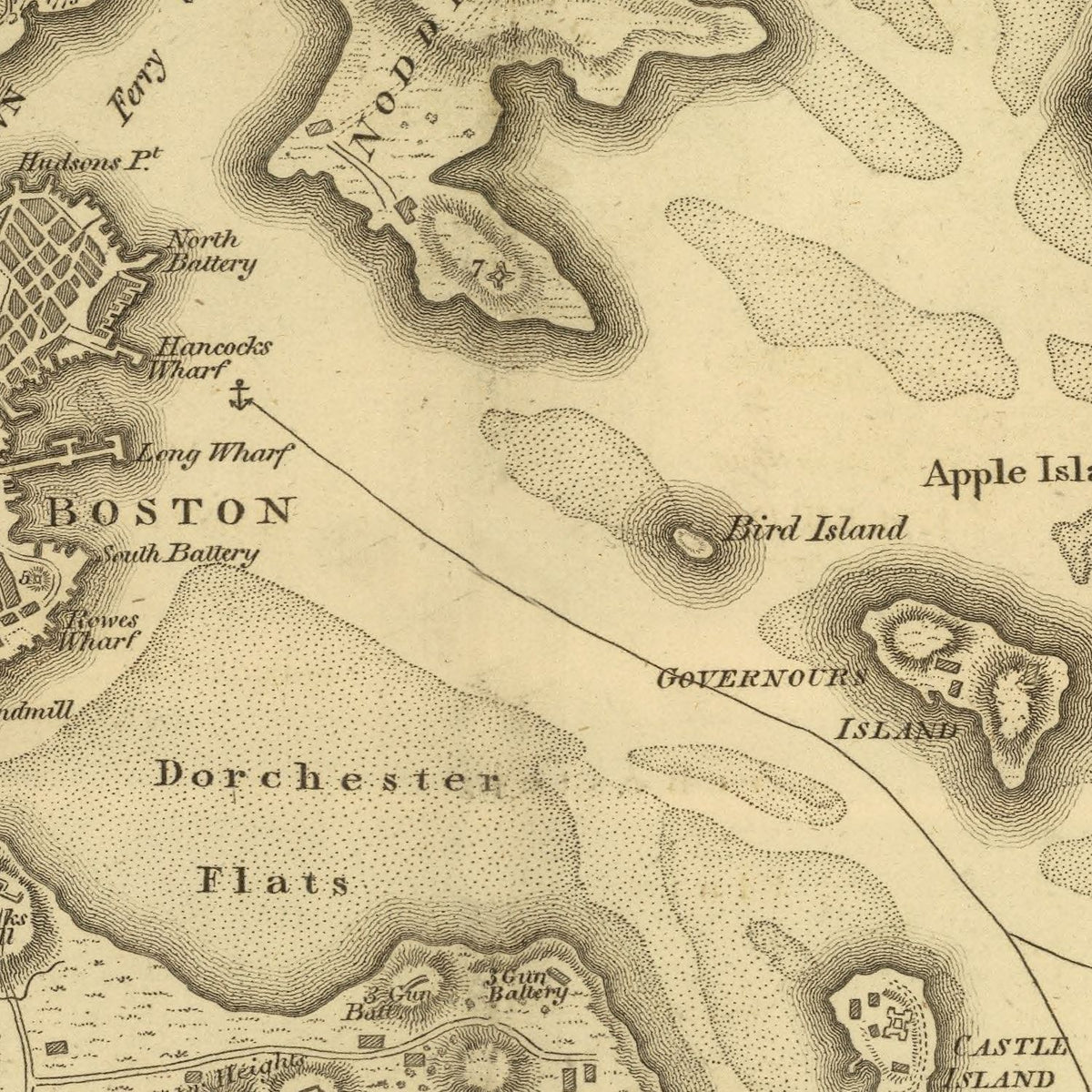 Restored historic details from the 1807 city map of Boston, Massachusetts