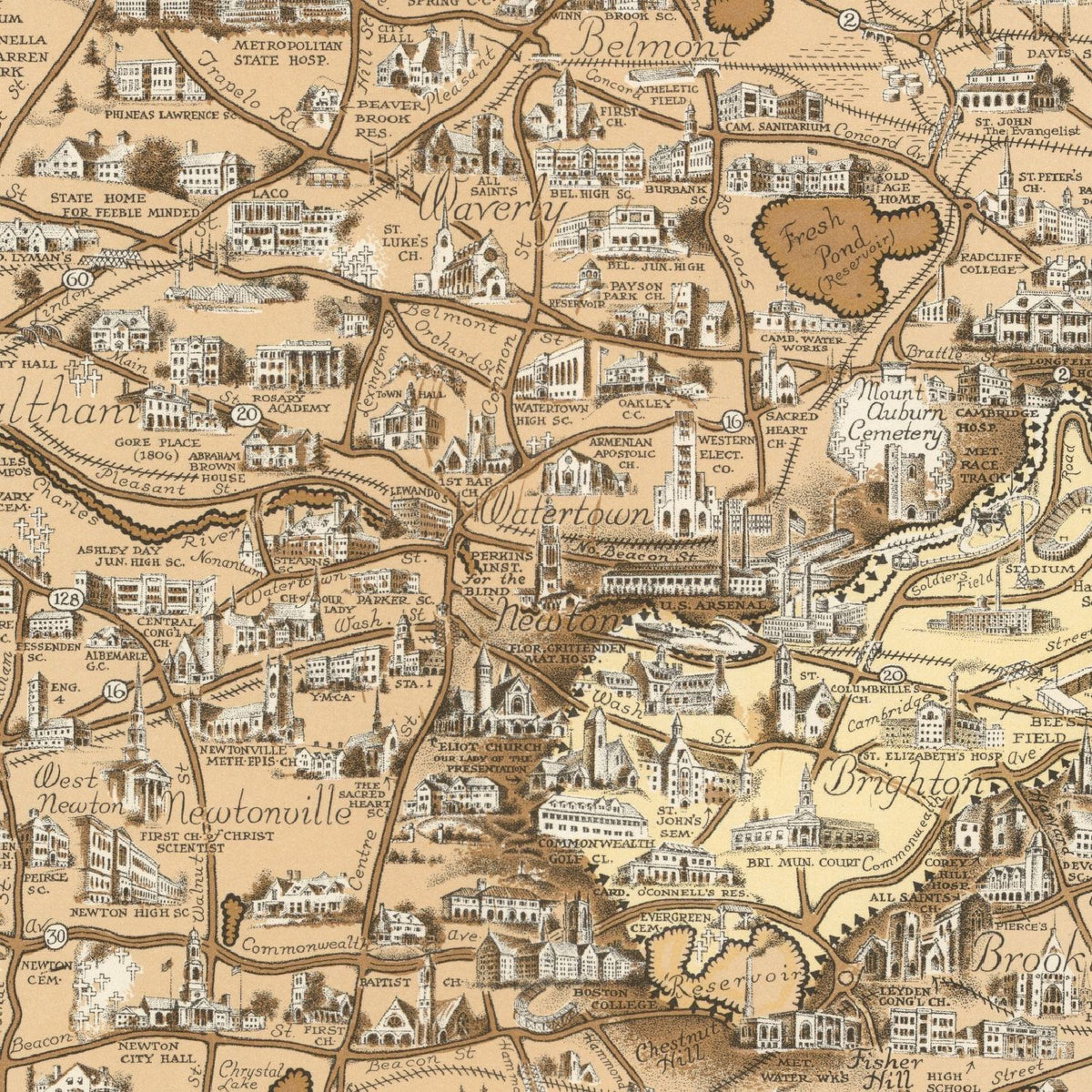 Restored historic details from the 1938 city map of Boston, Massachusetts