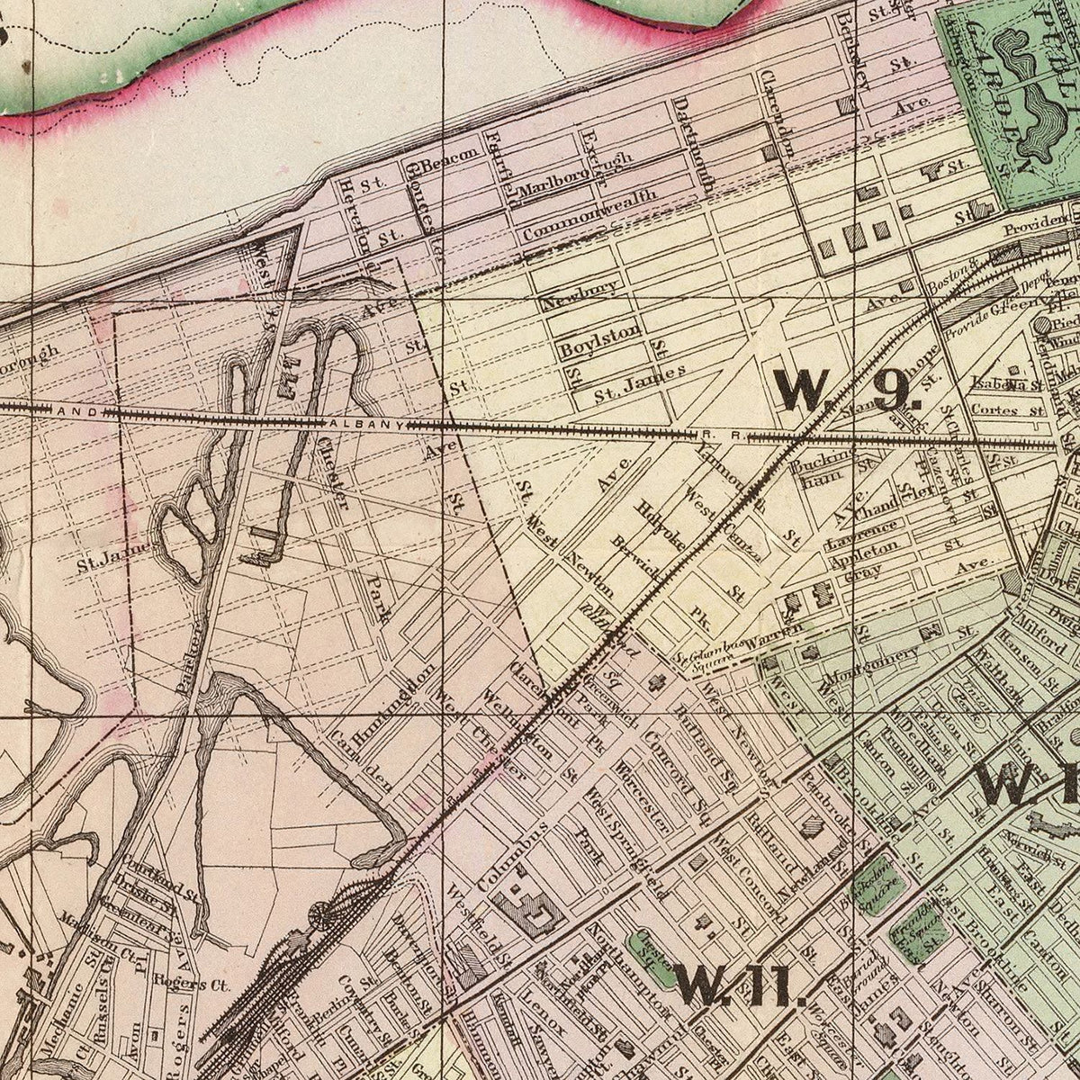 Restored historic details from the 1874 city map of Boston, Massachusetts
