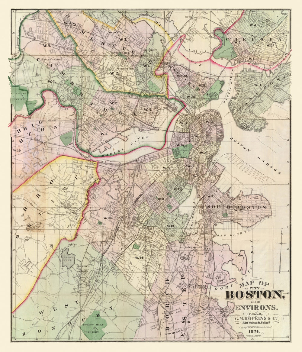 Vintage Map of Boston, Massachusetts 1874 print style example