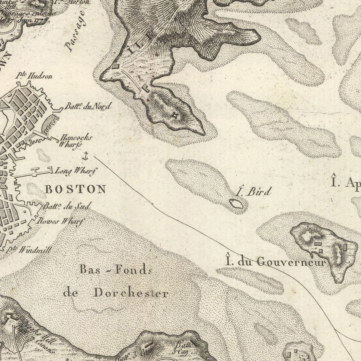 Restored historic details from the 1807 city map of Boston, Massachusetts