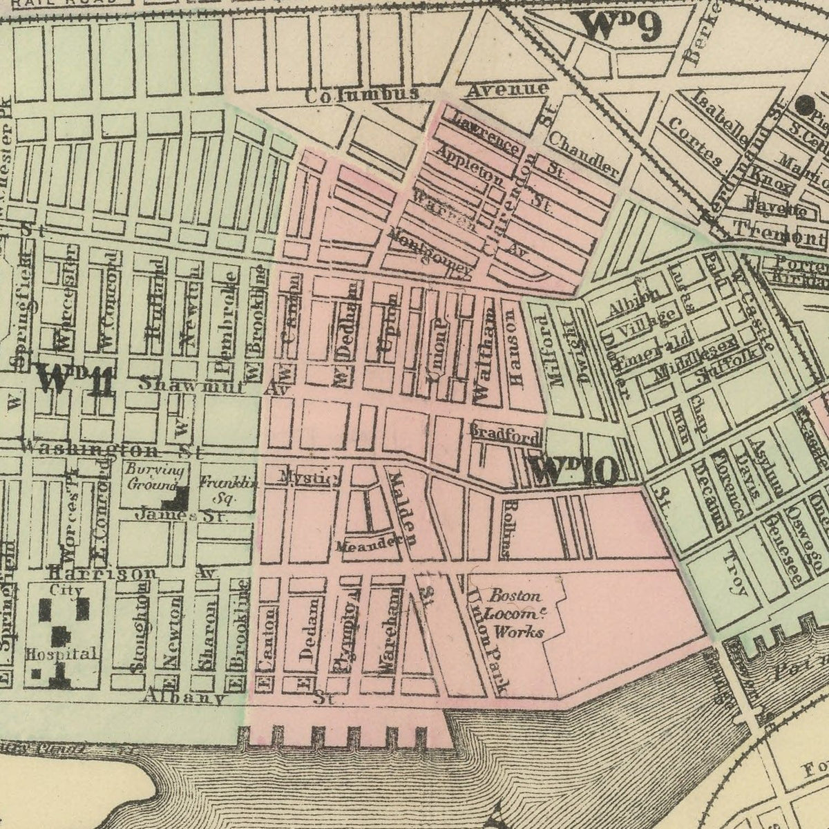 Restored historic details from the 1886 city map of Boston, Massachusetts