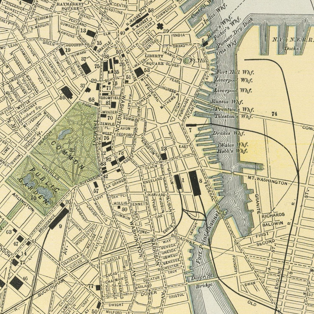 Restored historic details from the 1891 city map of Boston, Massachusetts