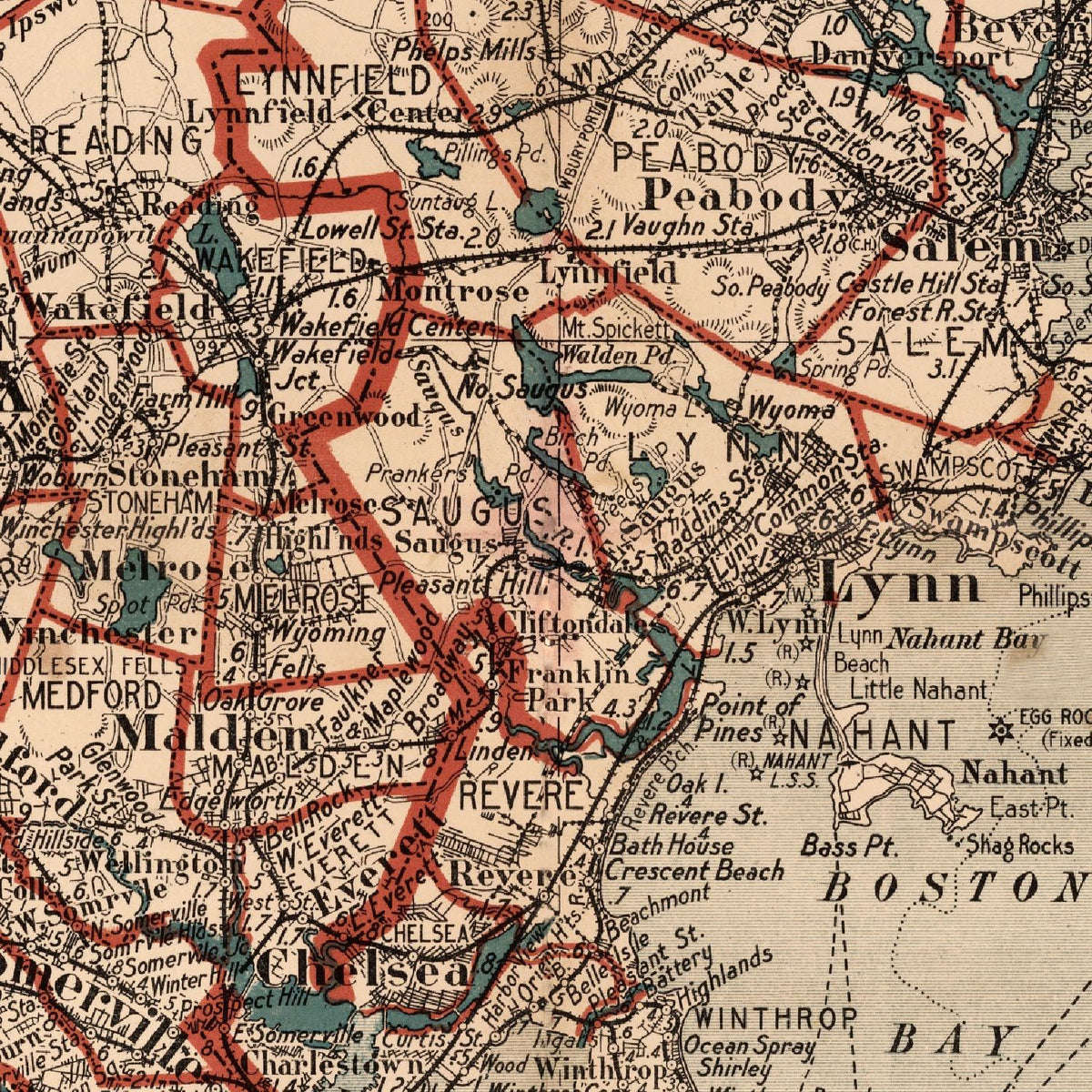 Restored historic details from the 1905 city map of Boston, Massachusetts