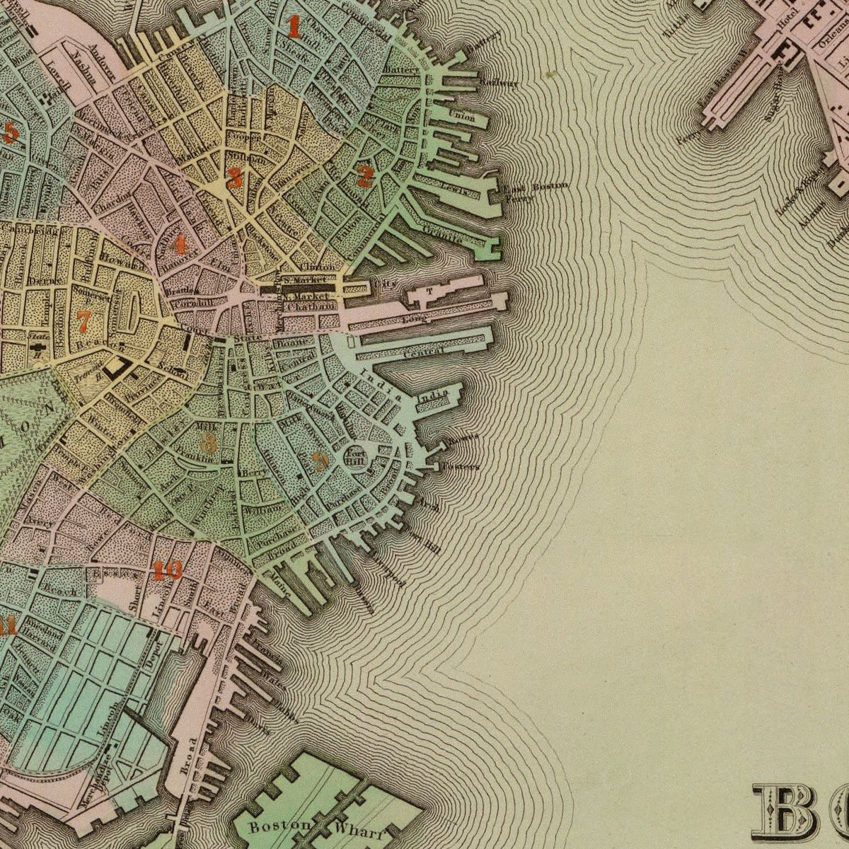 Restored historic details from the 1838 city map of Boston, Massachusetts