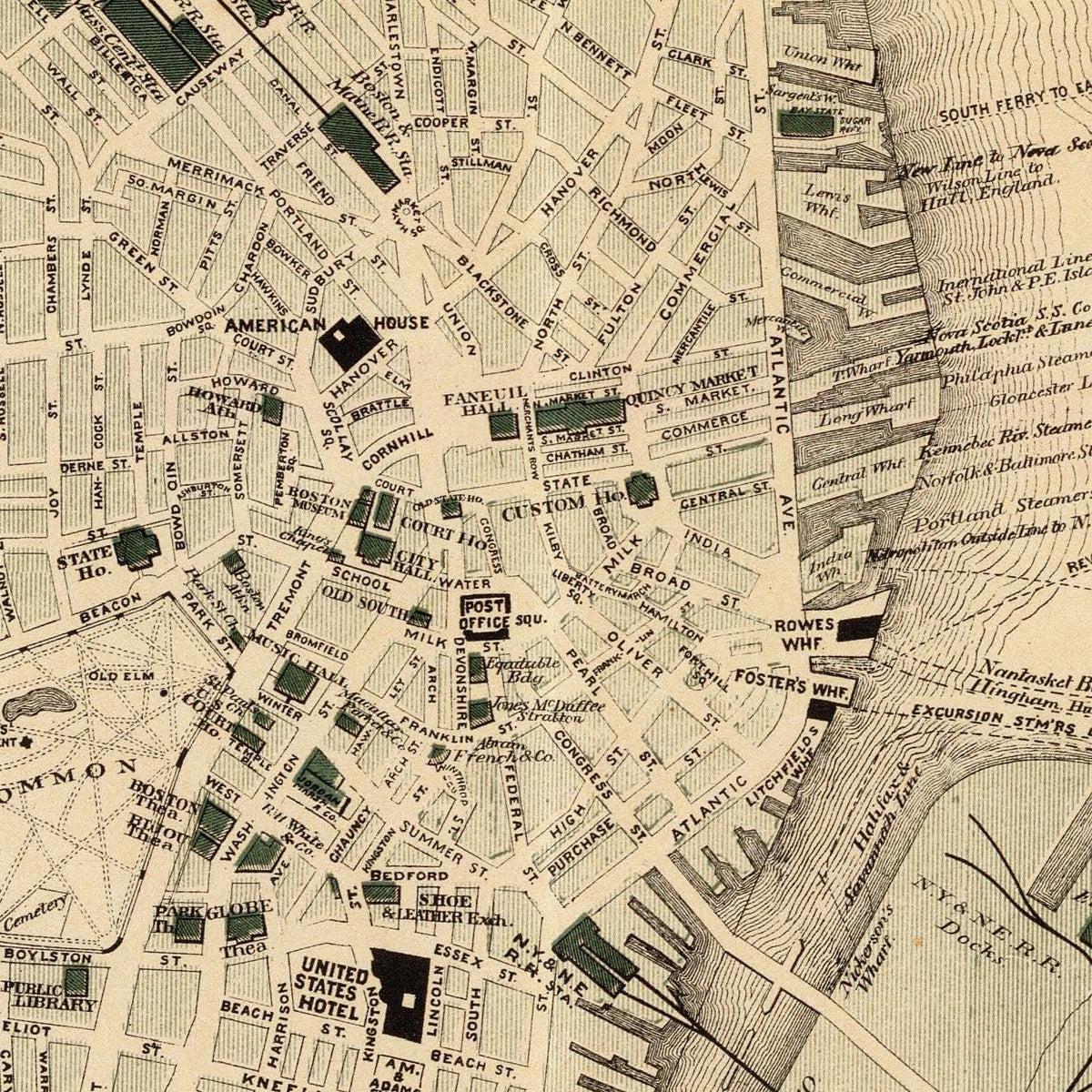 Restored historic details from the 1884 city map of Boston, Massachusetts