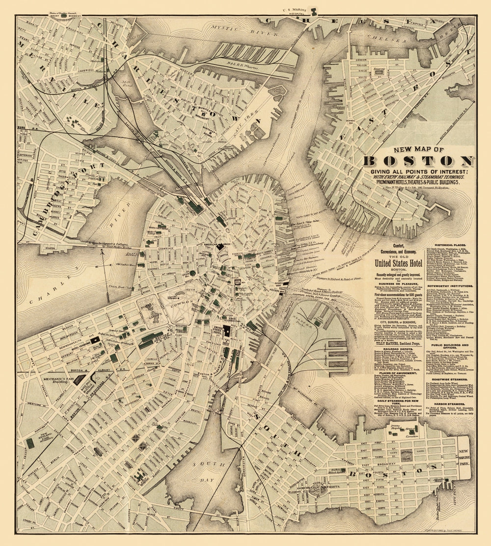 Vintage Map of Boston, Massachusetts 1884 print style example