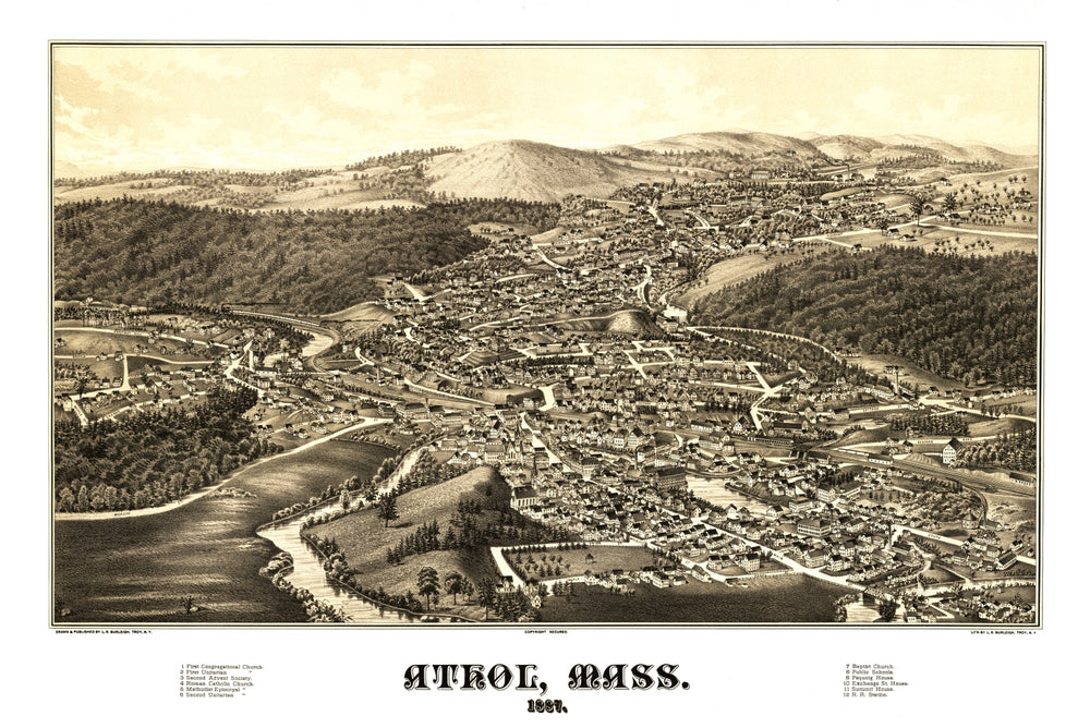 Vintage Map of Athol, Massachusetts 1887 print style example