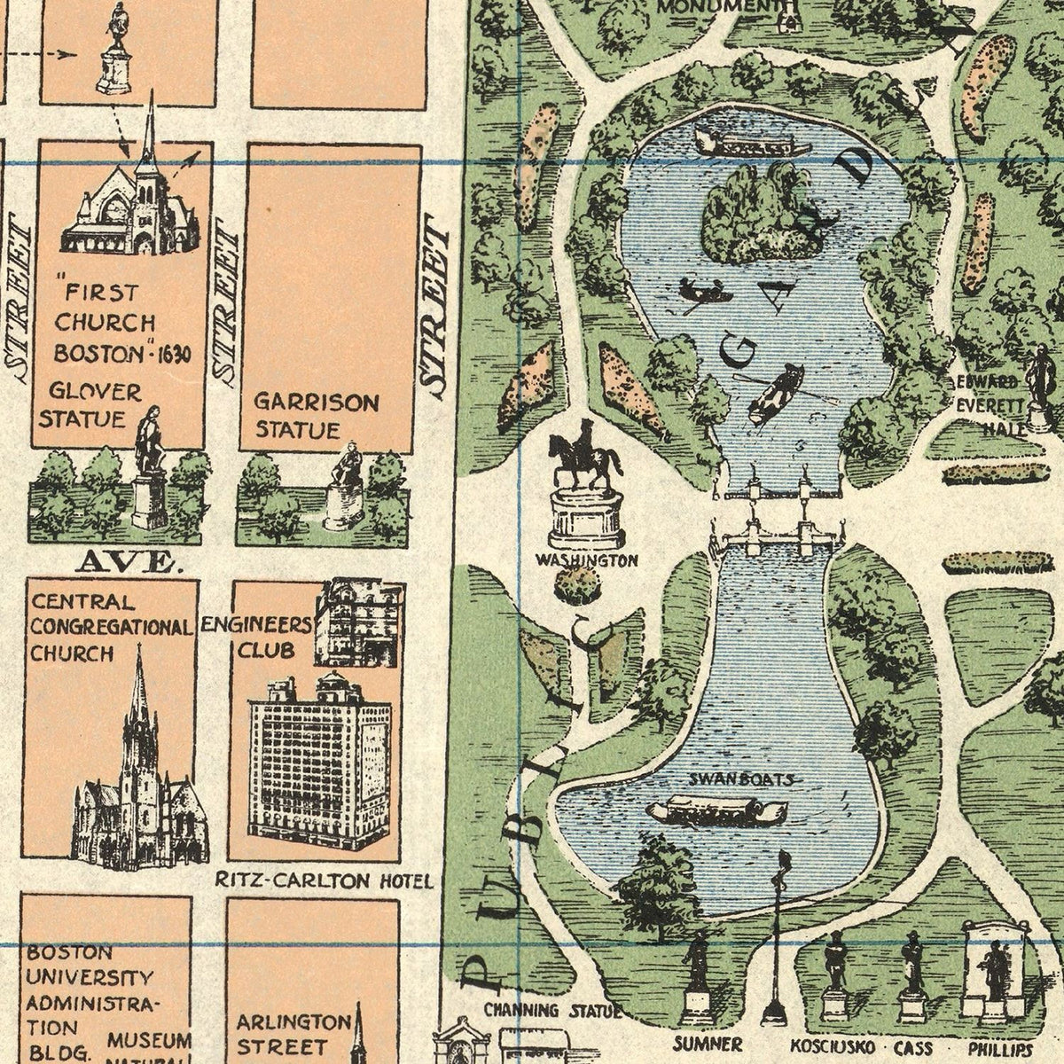 Restored historic details from the 1930 city map of Boston, Massachusetts