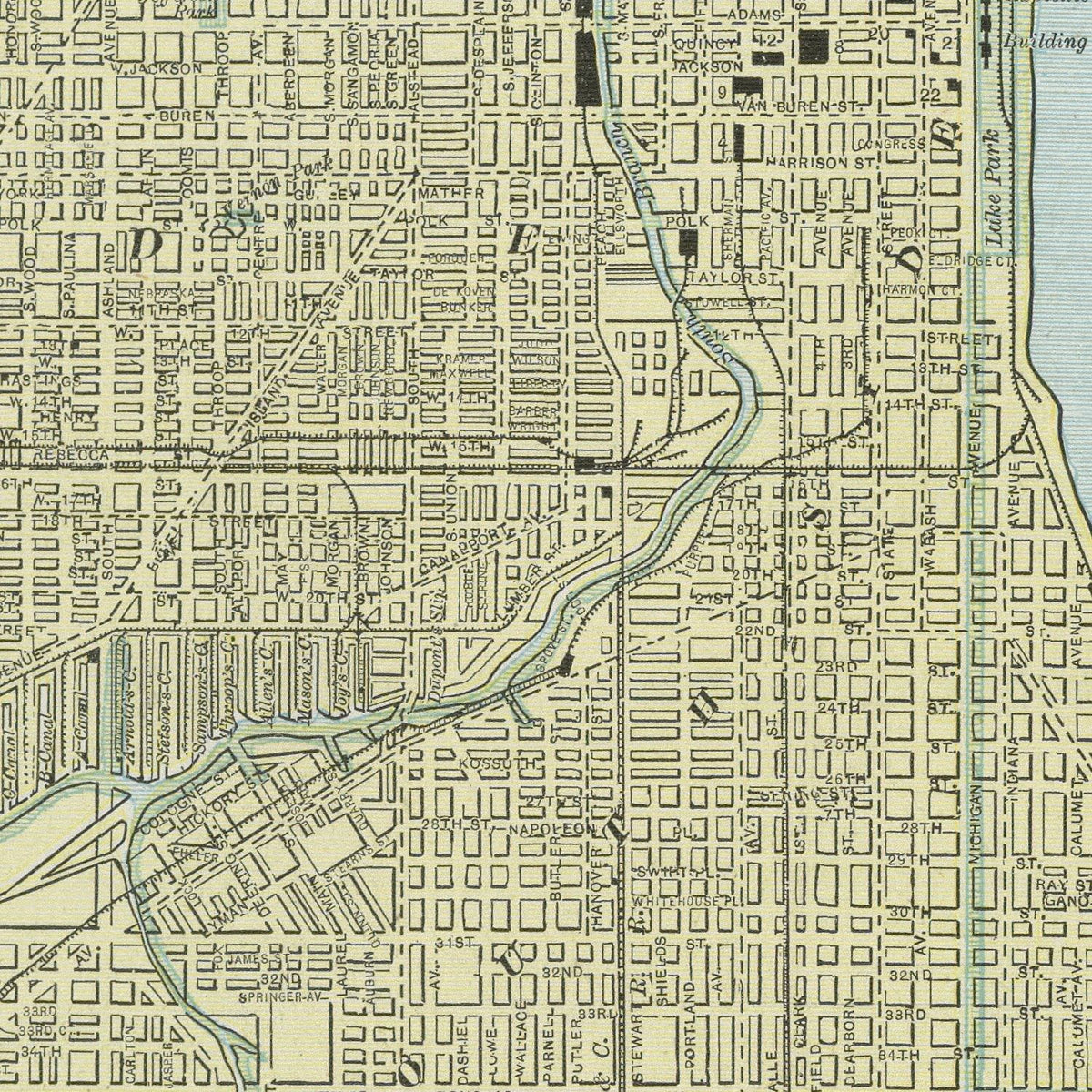 Restored historic details from the 1889 city map of Chicago, Illinois