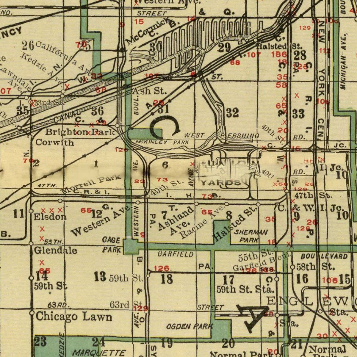 Restored historic details from the 1924 city map of Chicago, Illinois