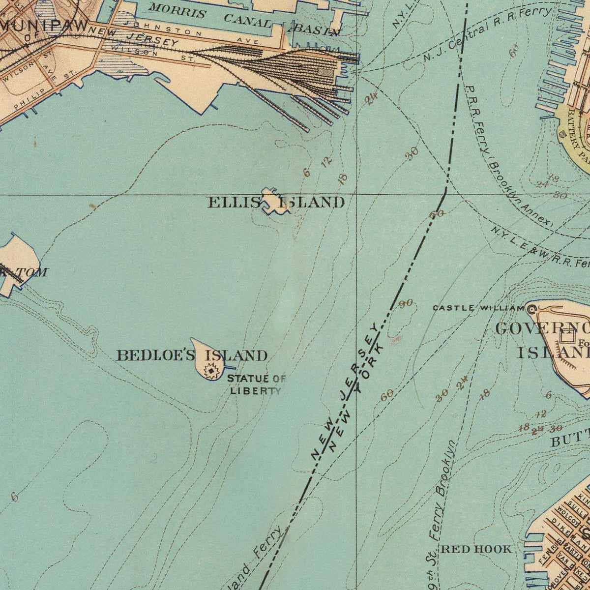 Restored historic details from the 1891 city map of New York Bay, New York