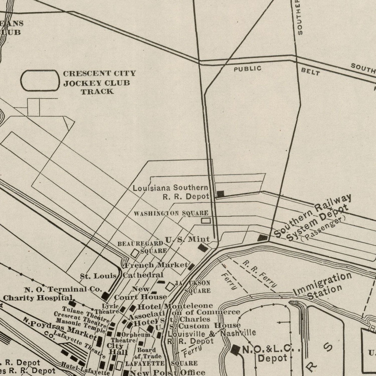 Restored historic details from the 1924 city map of New Orleans, Louisiana